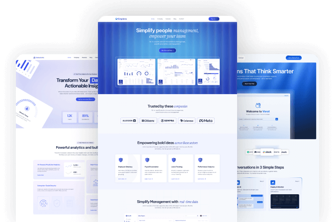 Three distinct web application interfaces, likely for HR or business management, displayed on screens. The primary screen shows a 'Simplify people management' dashboard.
